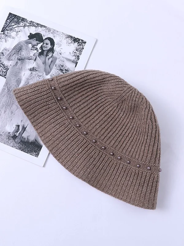 Original Vintage Knitting Beaded Solid Color Hat