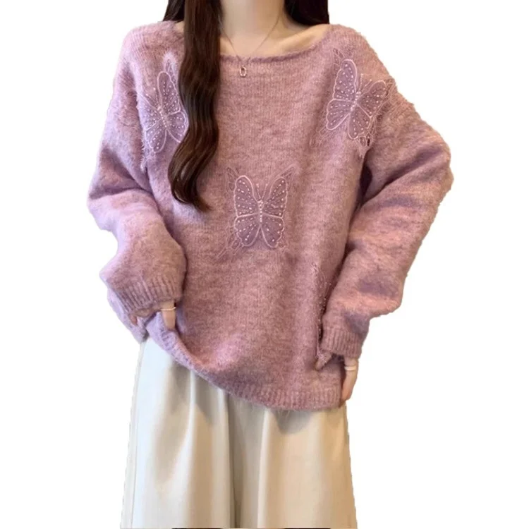 Athvotar Athvotar Three-Dimensional Butterfly Knitted Shirt Lazy Spring And Autumn Collar High-End Sweater Top New Spring And Autumn Winter