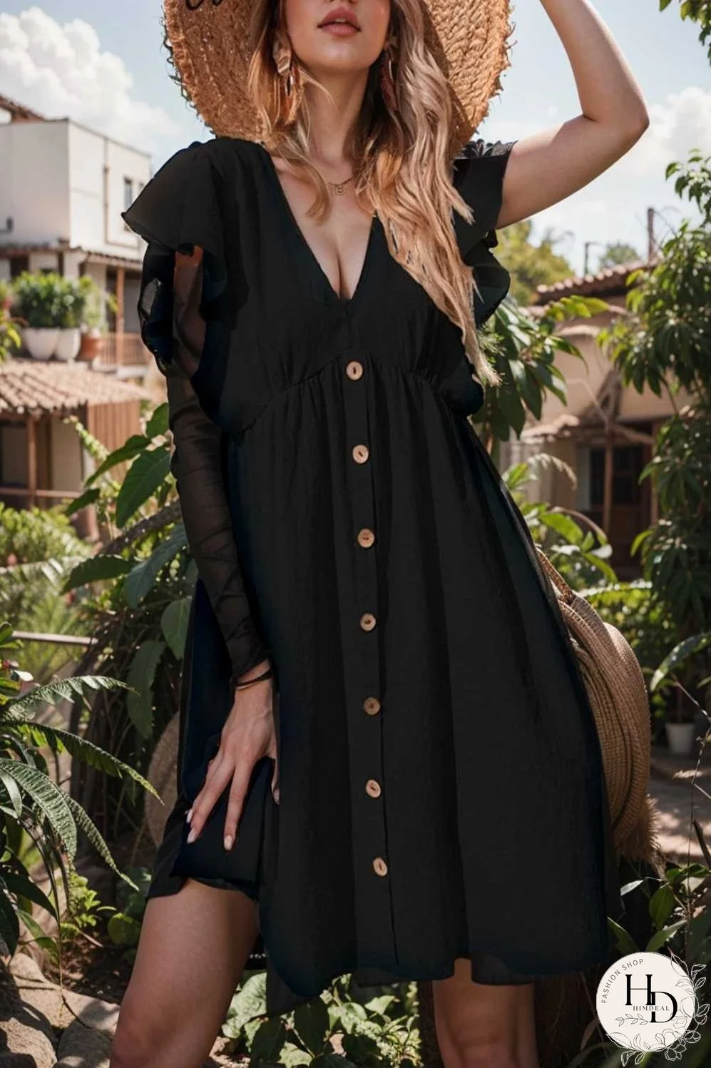 v neck button up all match fashion mini dress