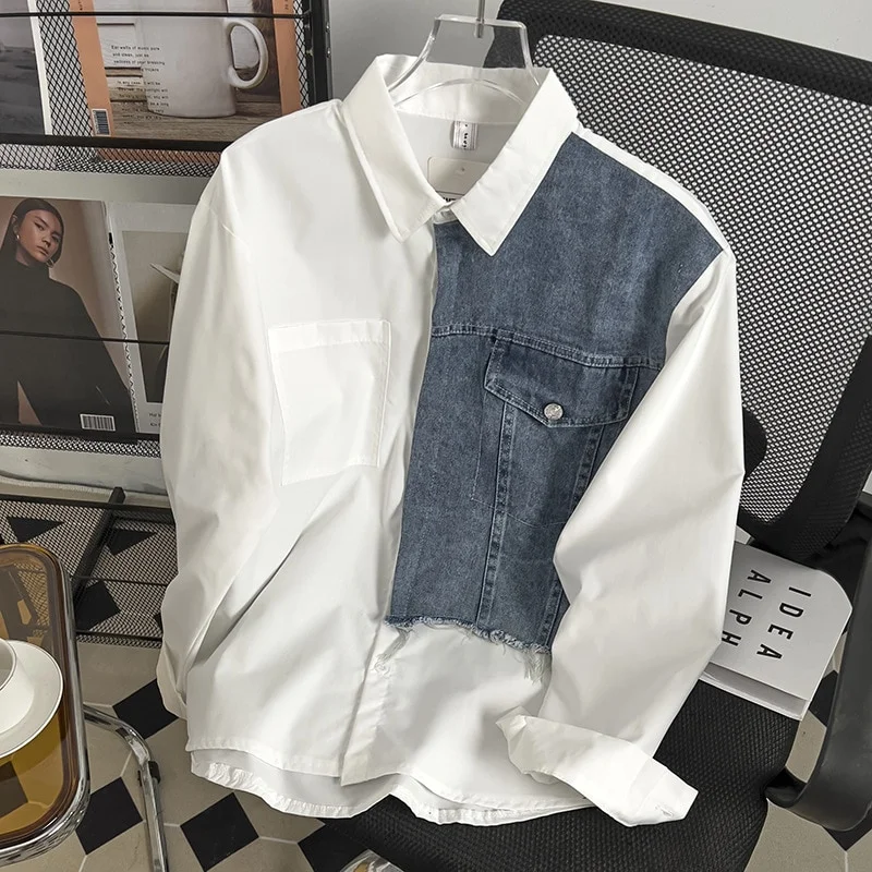 Aonga Autumn Outfits    Daily Streetwear Mens Denim Patchwork Shirt Clothes Fashion Turn-down Collar Long Sleeve Button Shirts For Men Fall Casual Tops