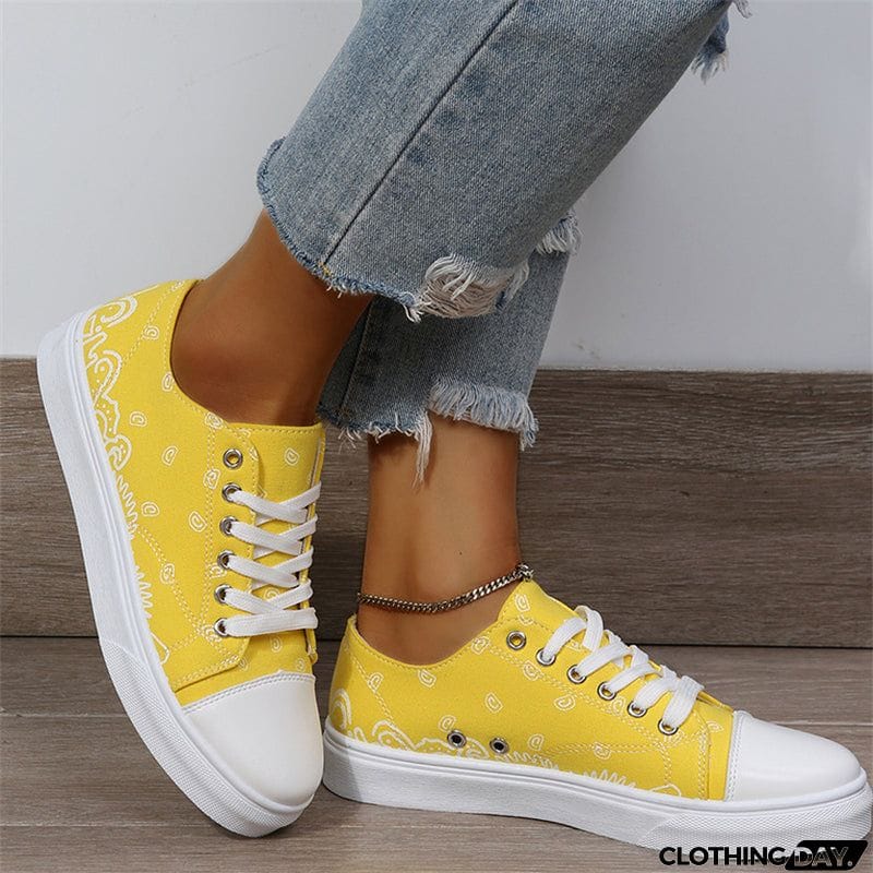Cute Round Toe Lace Up Cartoon Print Canvas Loafers for Women