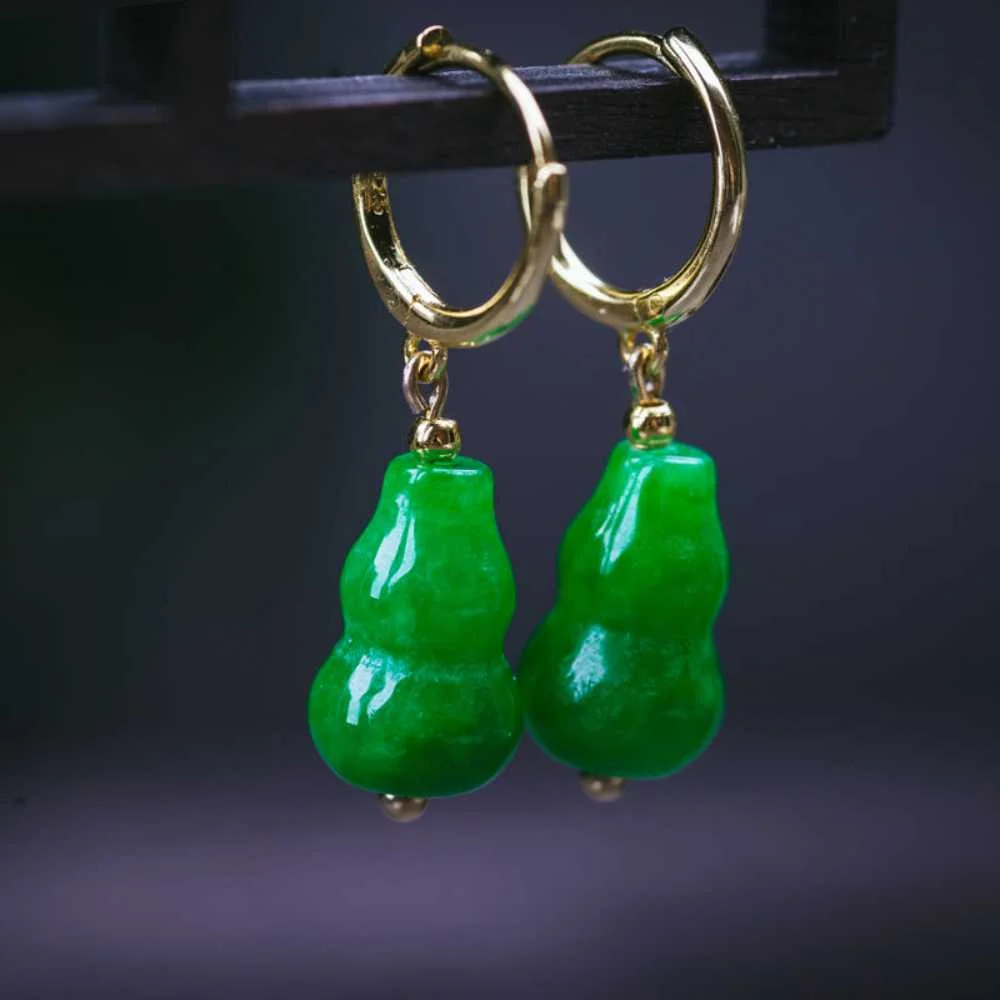 Natural Green Jadeite Jade Earring Gourd Pendant Perfect Gift For Your Love Ones