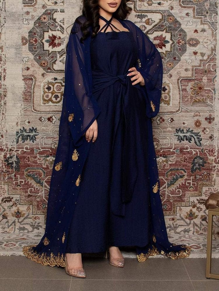 Cross Strap Dress and Ethnic Pattern Outerwear Set