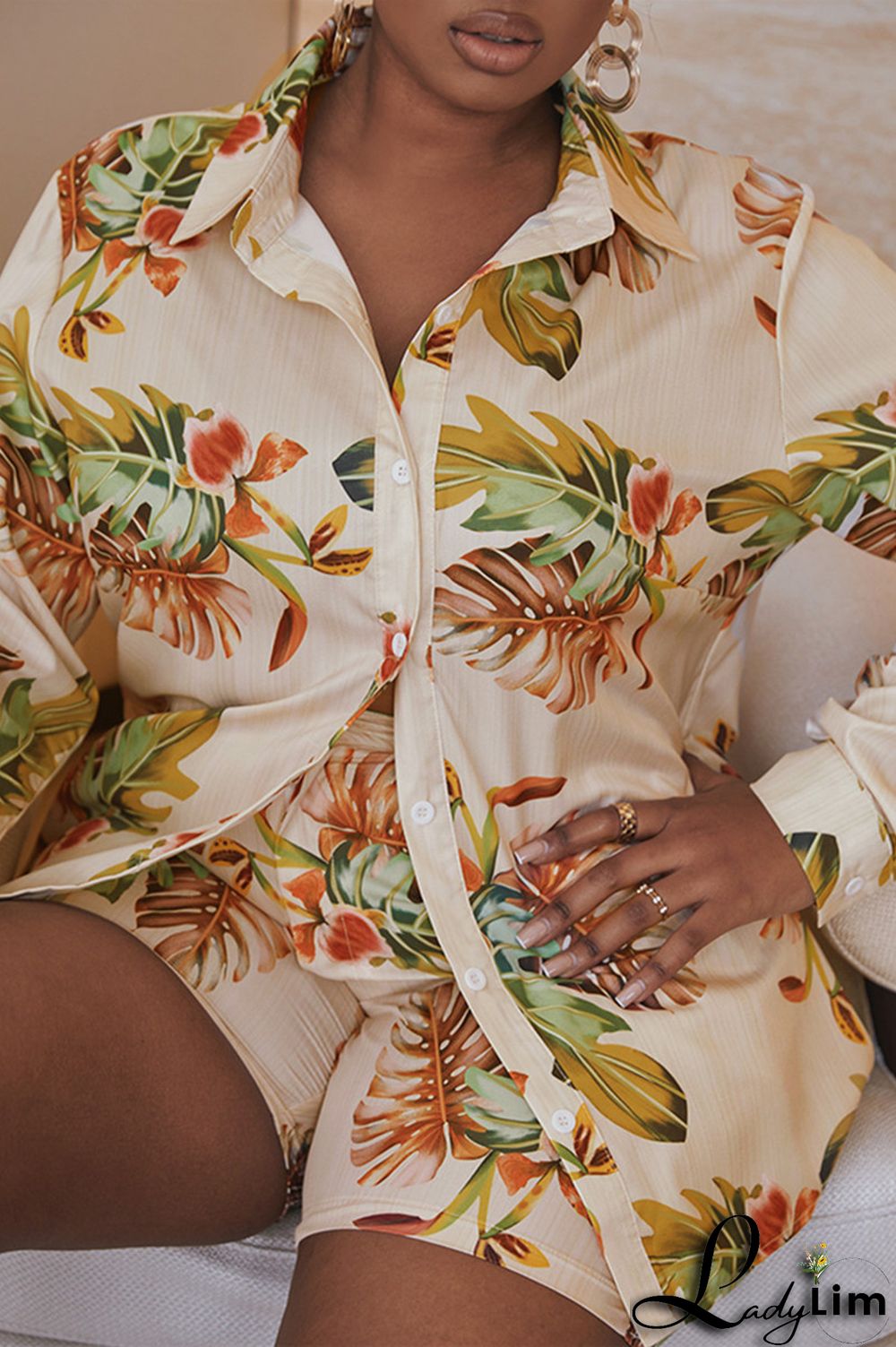 Apricot Fashion Casual Print Patchwork Turndown Collar Plus Size Two Pieces