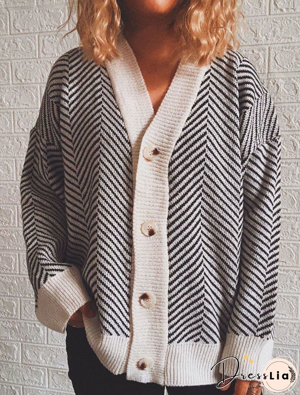 V-neck Striped Casual Loose Sweater Cardigan