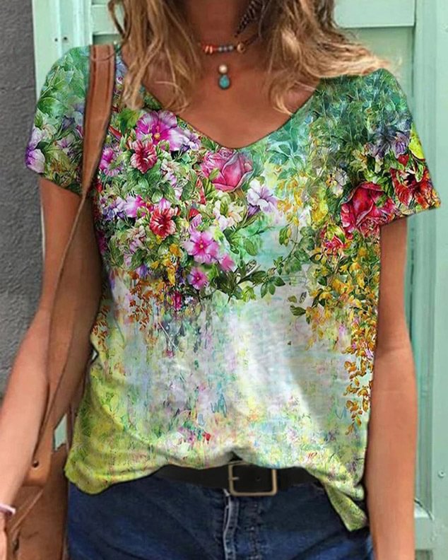 Colorful Flower Painting Short Sleeve Shirts & Tops