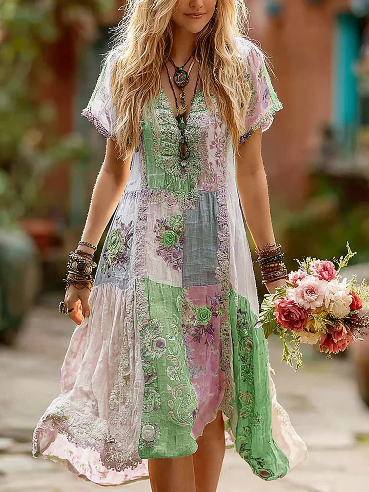 VChics Women's Retro Floral Splicing Cotton And Linen Long Dress