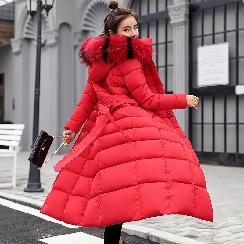 Pongl Winter New Tie Long Cotton-Padded Clothes Korean Version Over The Knee Thick Warm Hooded Solid Color Big Wool Collar Down Cotton Suit