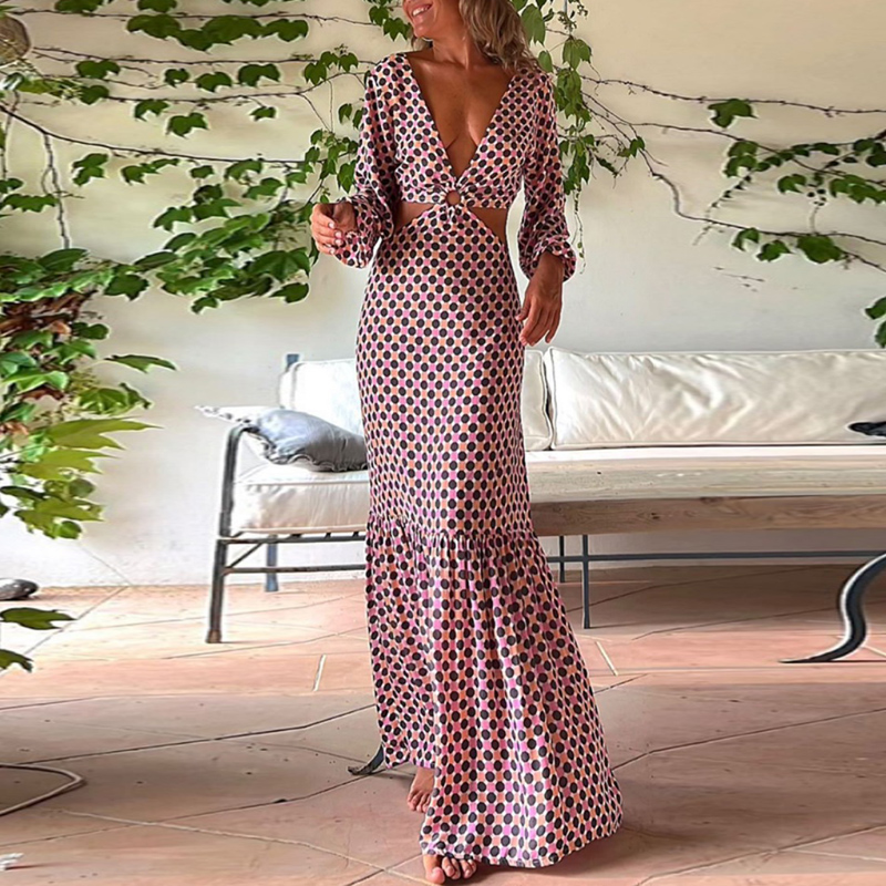 Fashion Printed Cutout Sexy Deep V Neck Backless Bohemian Party Maxi Dress