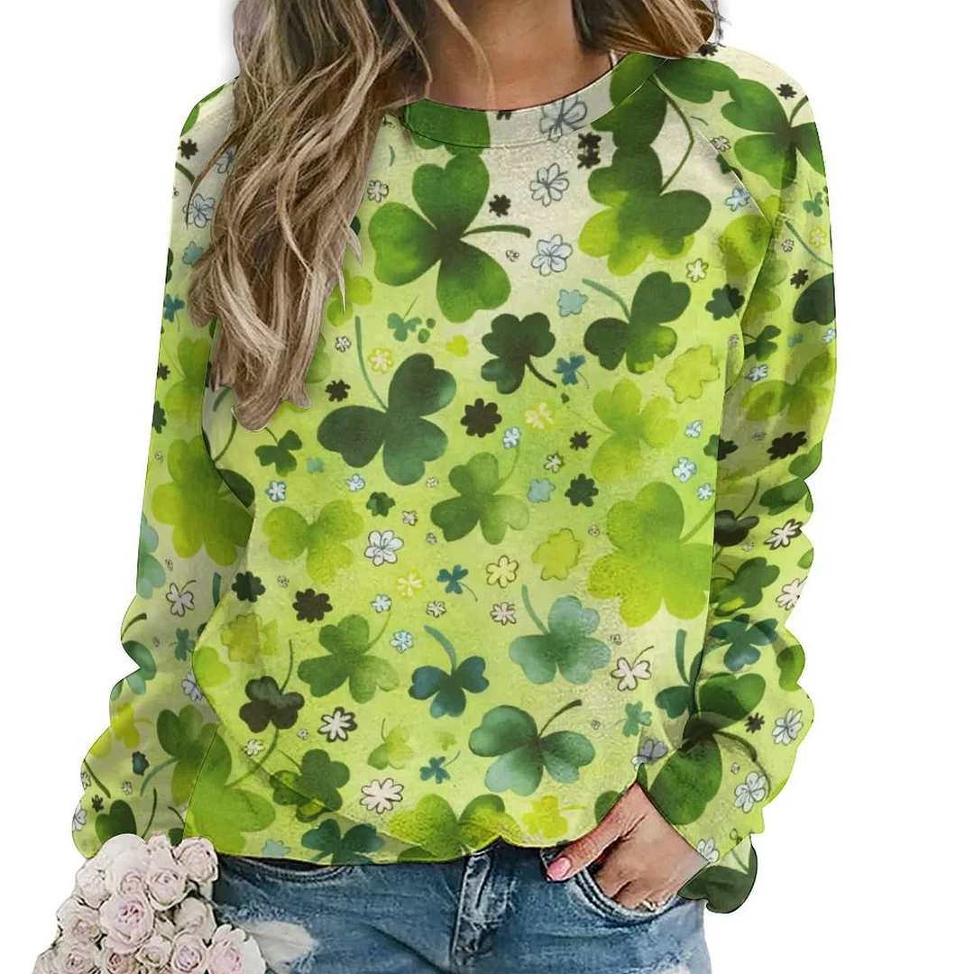 Printed Long Sleeve Casual Sweatshirt for  Women and Men Unisex Pattern St. Patrick's Day, Green, Clover, Lucky