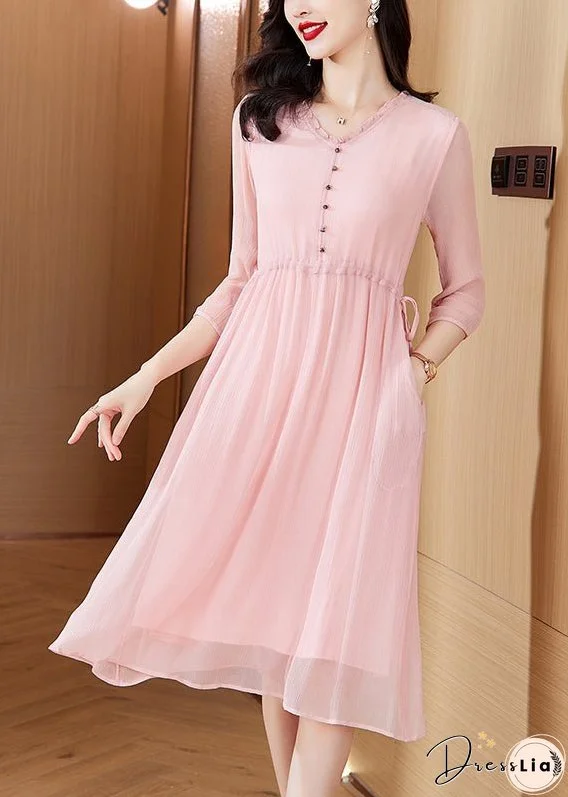 Style Pink V Neck Drawstring Chiffon Mid Dresses Summer