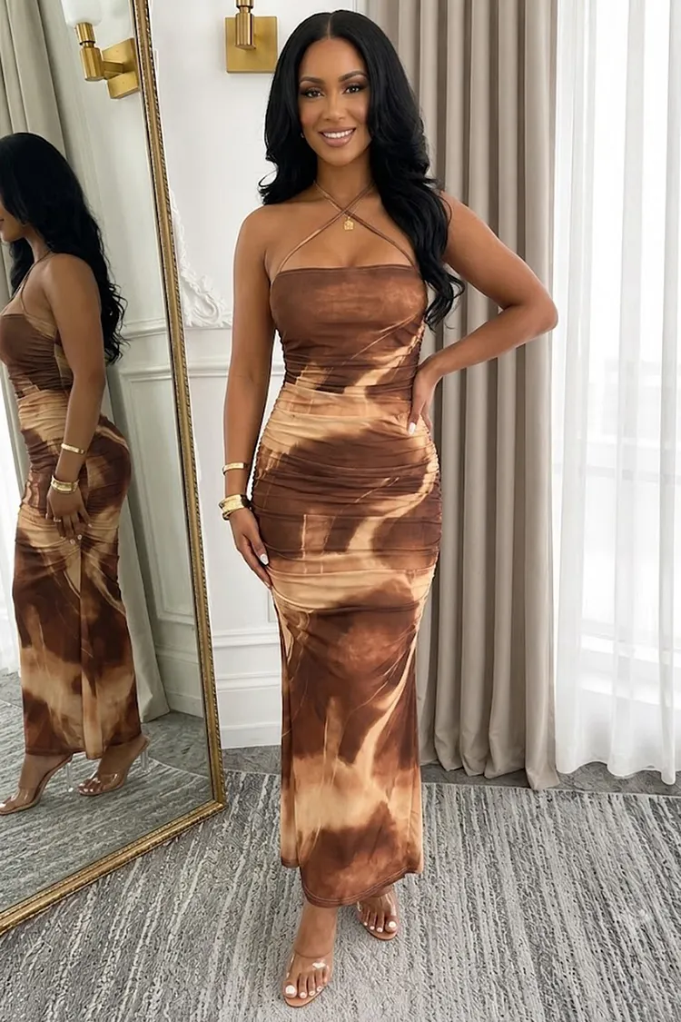 tie dye distressed mesh slit halter maxi dress Tie Dye Print Crossover Halter Neck Ruched Slim Vacation Maxi Dresses-Blue
