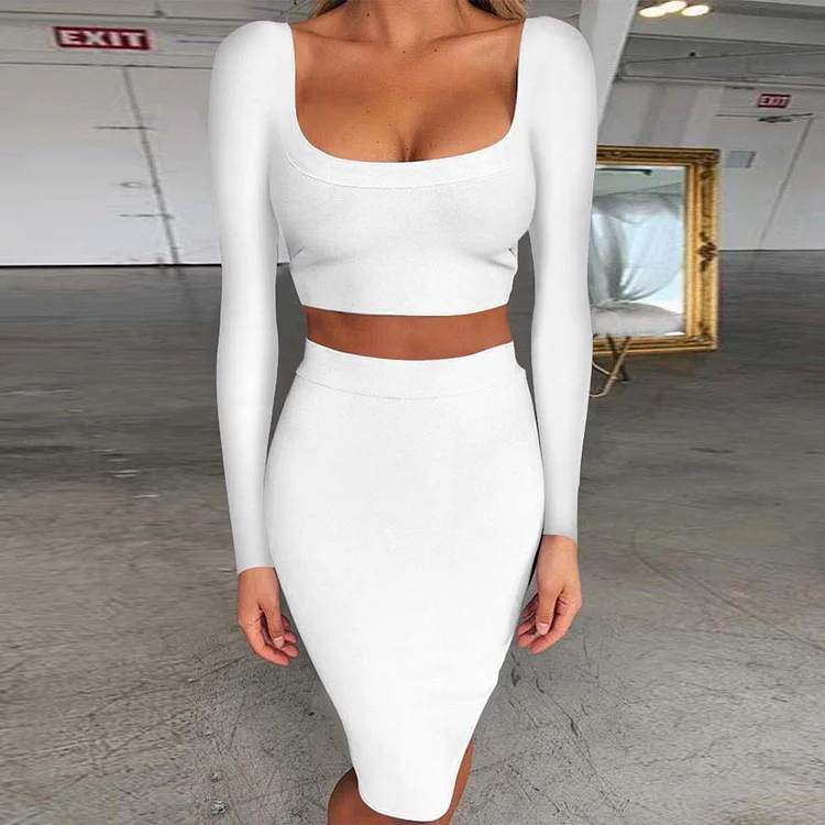 Bandage Dress Sets Autumn Winter Women Sexy Long Sleeve Crop Top And Bodycon Skirt Two Piece Set Lilac Club Party Outfit