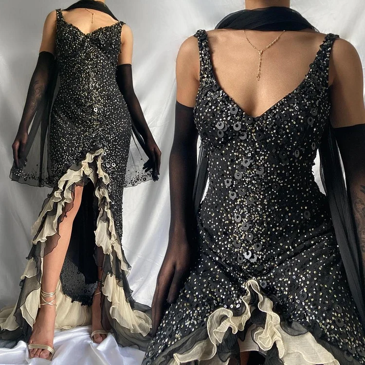 Women's Black and Cream Dress