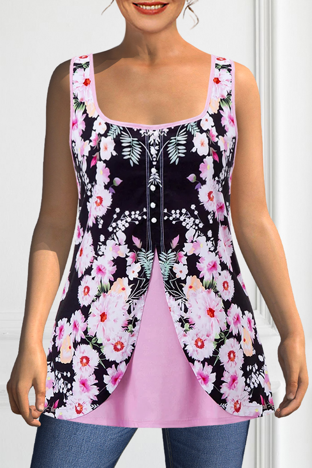 Plus Size Floral Print Decorative Button Faux Two Piece Tank Top 2024 - Flycurvy 
