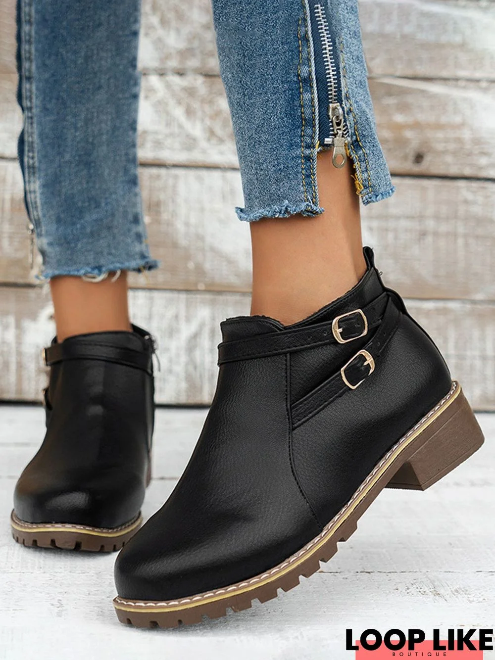 Women's Simple Plain Buckle Embellished Zip Booties