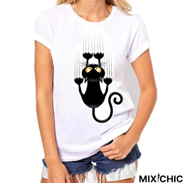 Women T Shirt Short Sleeve O-Neck Casual Funny Black Cat Tops Tees
