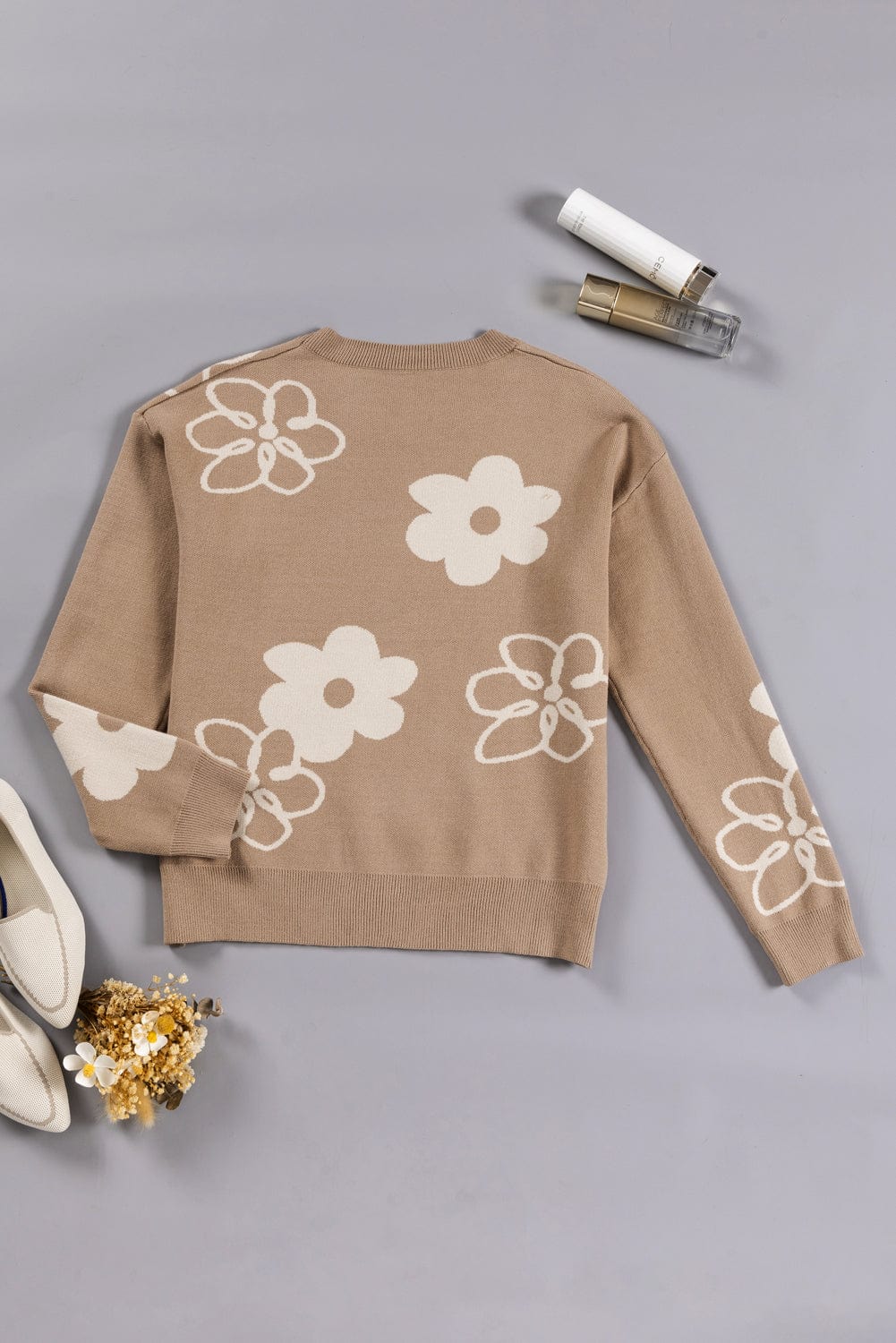 Cozy Camel Floral Knit Sweater with Drop Shoulder Detail