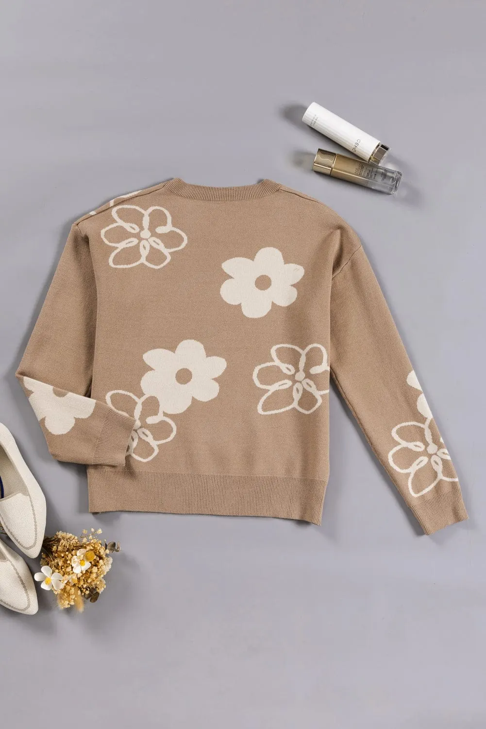 Cozy Camel Floral Knit Sweater with Drop Shoulder Detail