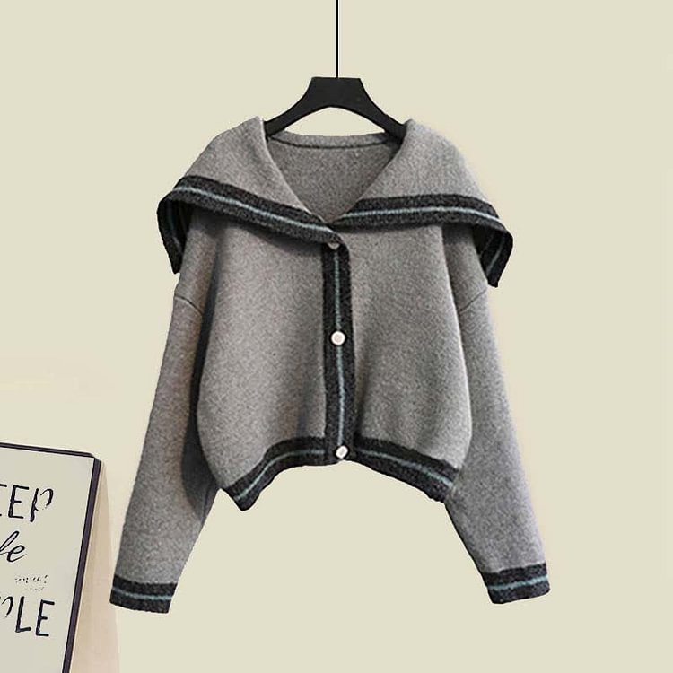 Sailor Collar Knit Cadigan Sweater Slip Dress Two Pieces Set