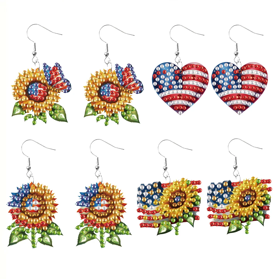4 Pairs Double Sided Sunflower Flag Diamond Painting Earrings for Women Girls