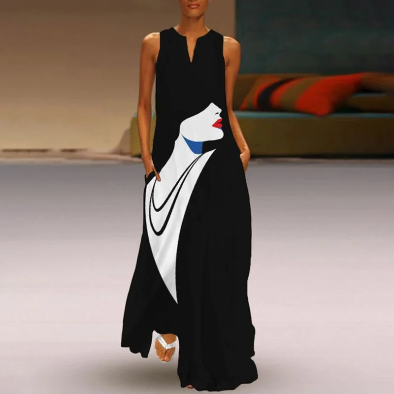 Abstract Print V-Neck Sleeveless Maxi Dress