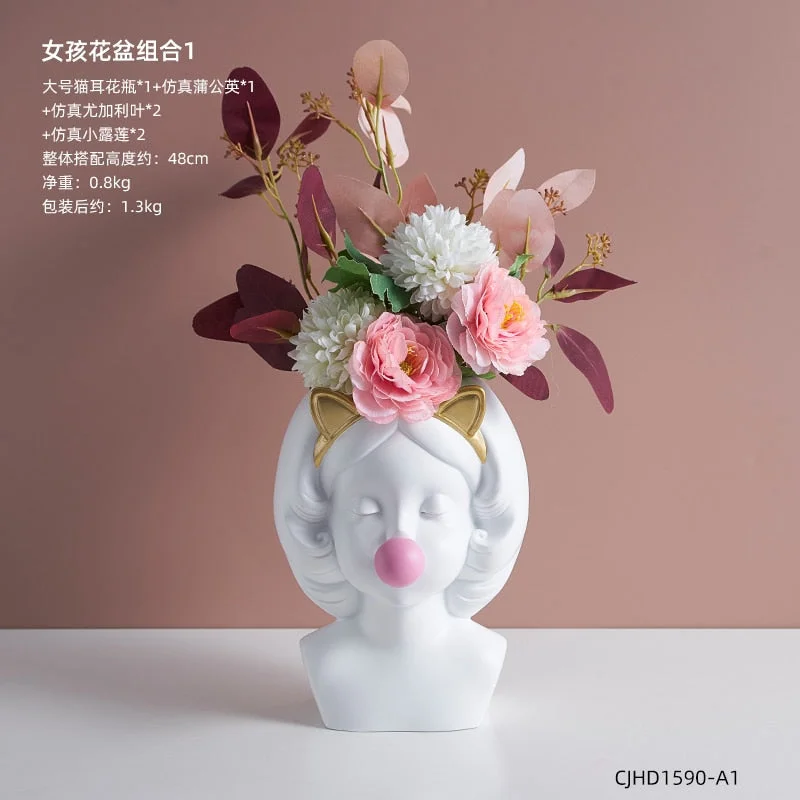 Nordic style girl flower pot plant resin flower pot rabbit ear/cat ear girl potted modern living room decoration decoration gift