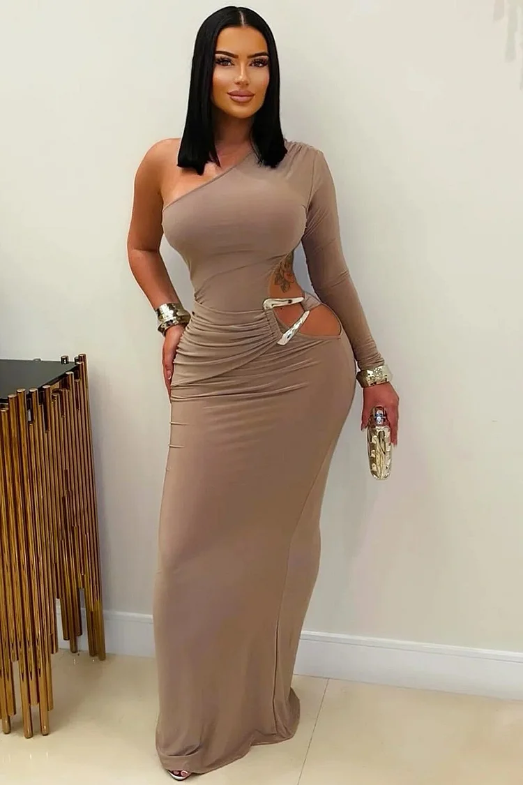 One Shoulder Long Sleeve Waist Cutout Bodycon Maxi Dresses-Black [Pre Order]