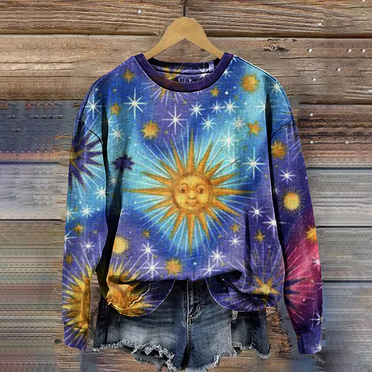 Lässiges Sweatshirt mit Rundhalsausschnitt und Retro-Sonnenkunstdruck