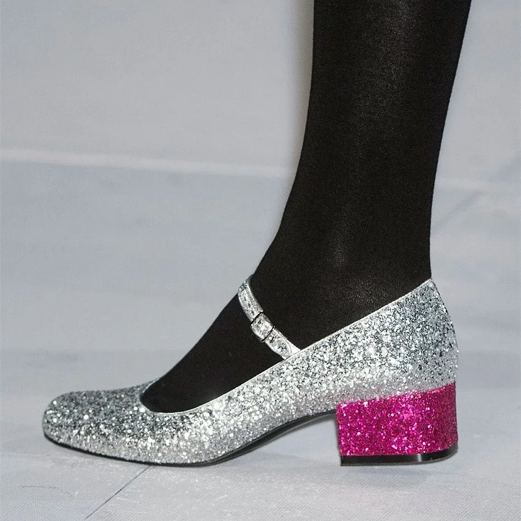 Silver Glitter Mary Jane Round Toe Block Heel Pumps Vdcoo