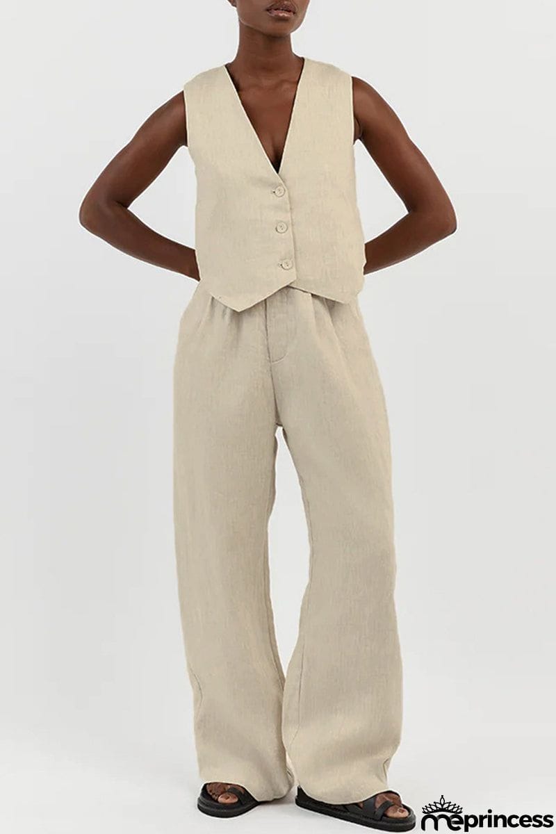 Casual Simplicity Solid Buckle V Neck Sleeveless Two Pieces