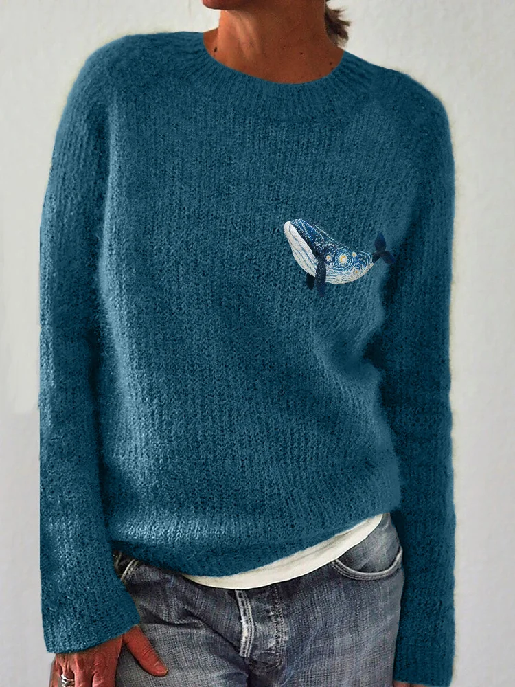 Starry Night Inspired Whale Embroidery Art Cozy Sweater