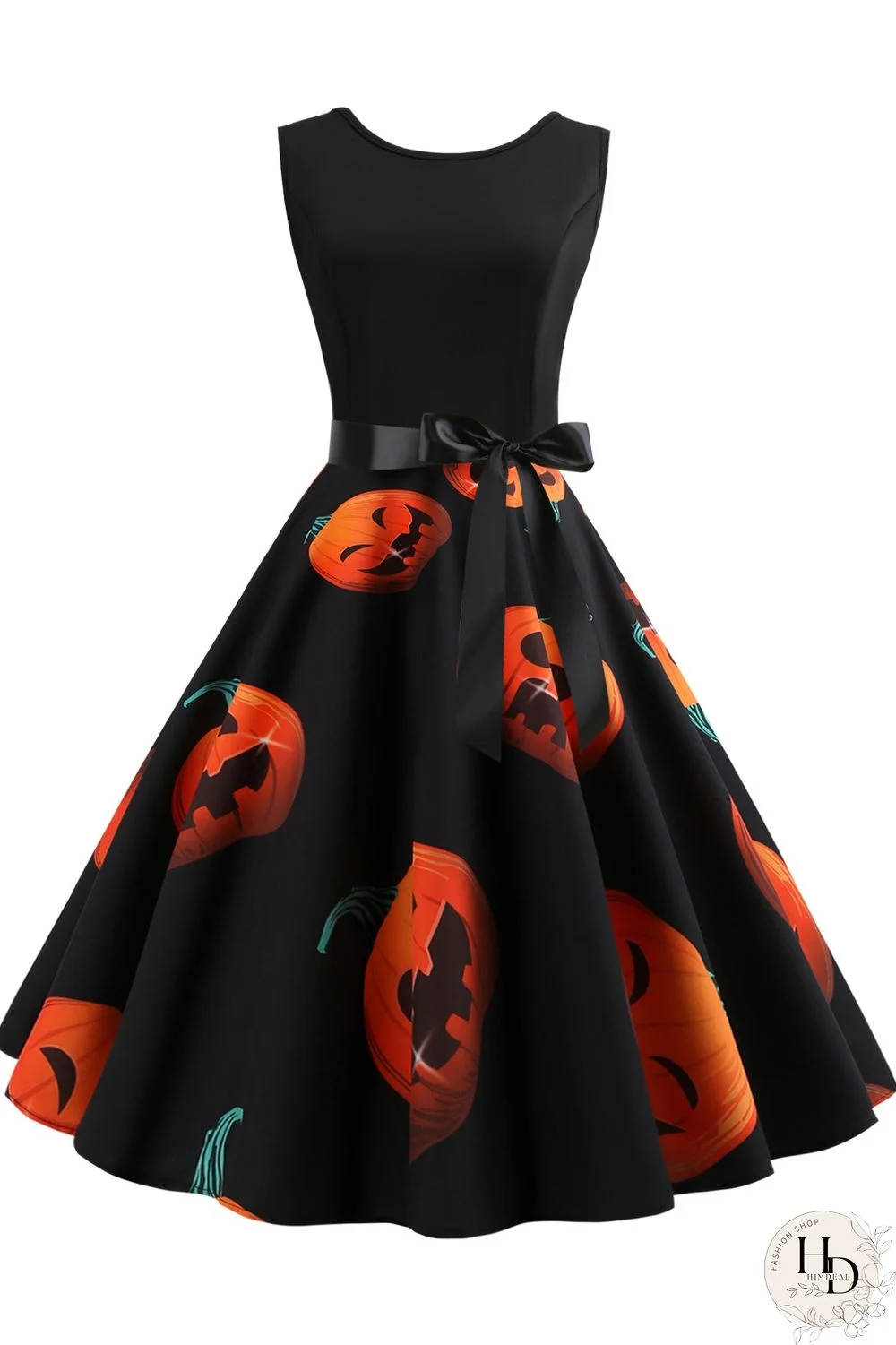 Halloween Sleeveless Pumpkin Print Panel Dress