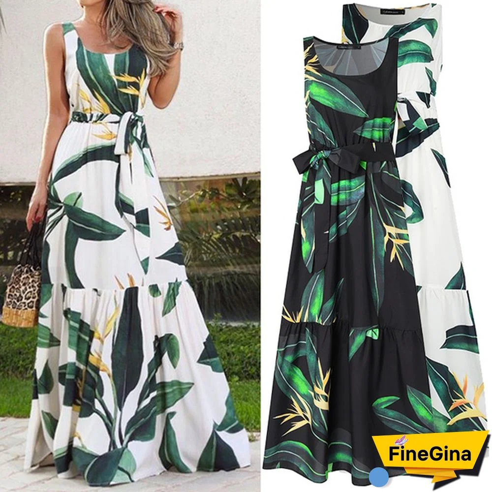Summer Women Sleeveless Maxi Dress Leaves Print Bohemian Ruffled Hem Party Elegant Casual Swing Long Dress Plus Size