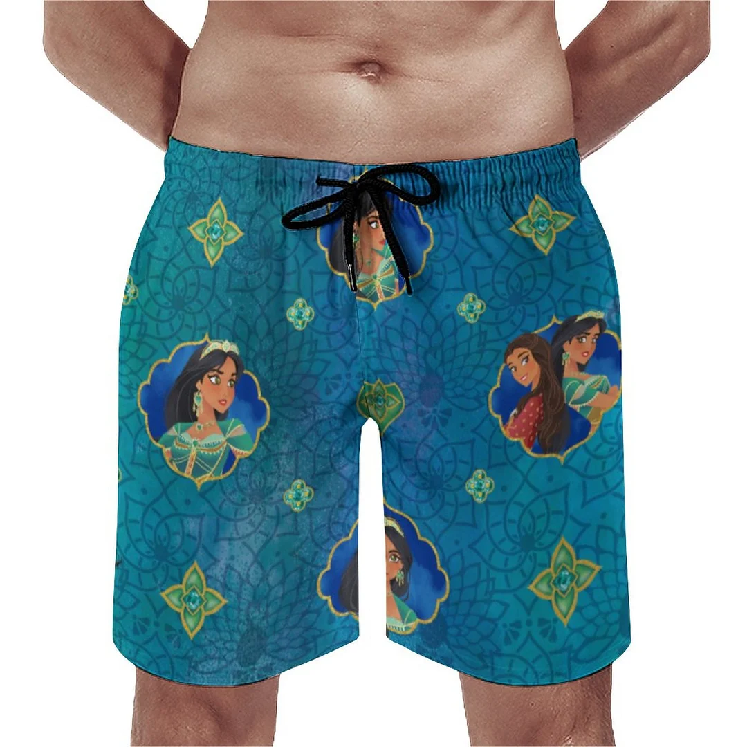 Aladdin Jewelled Character Blue Art Men's Swim Trunks Summer Board Shorts Quick Dry Beach Short with Pockets