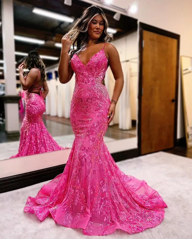senior prom hot pink prom dress Sequins Mermaid Sleeveless Backless Spaghetti Straps base_color:Grey