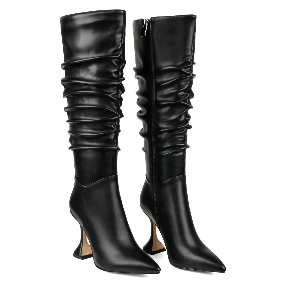 100mm Women Zipper Wrinkled Slouchy Boots Triangle Heels-vocosishoes