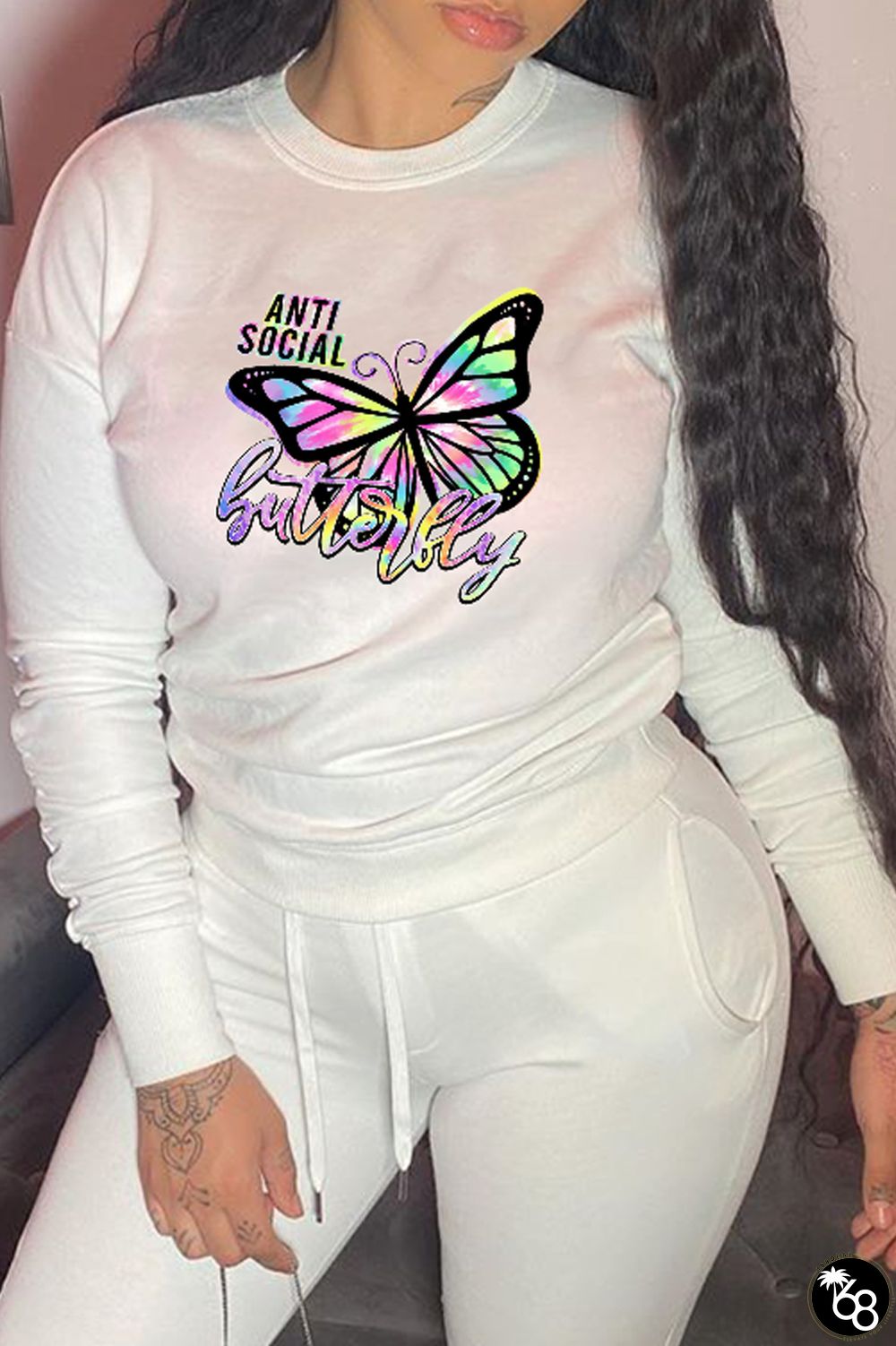 White Street Butterfly Print Patchwork O Neck Tops | 168DEAL