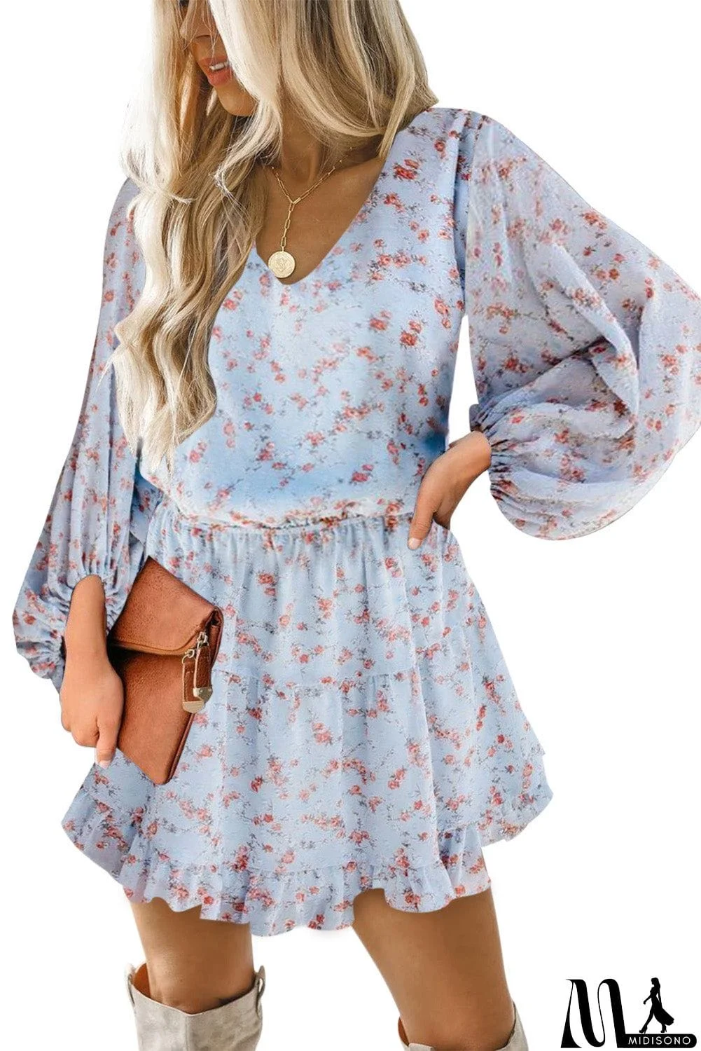MidiSono - V Neck Lantern Sleeves Floral Tunic Dress