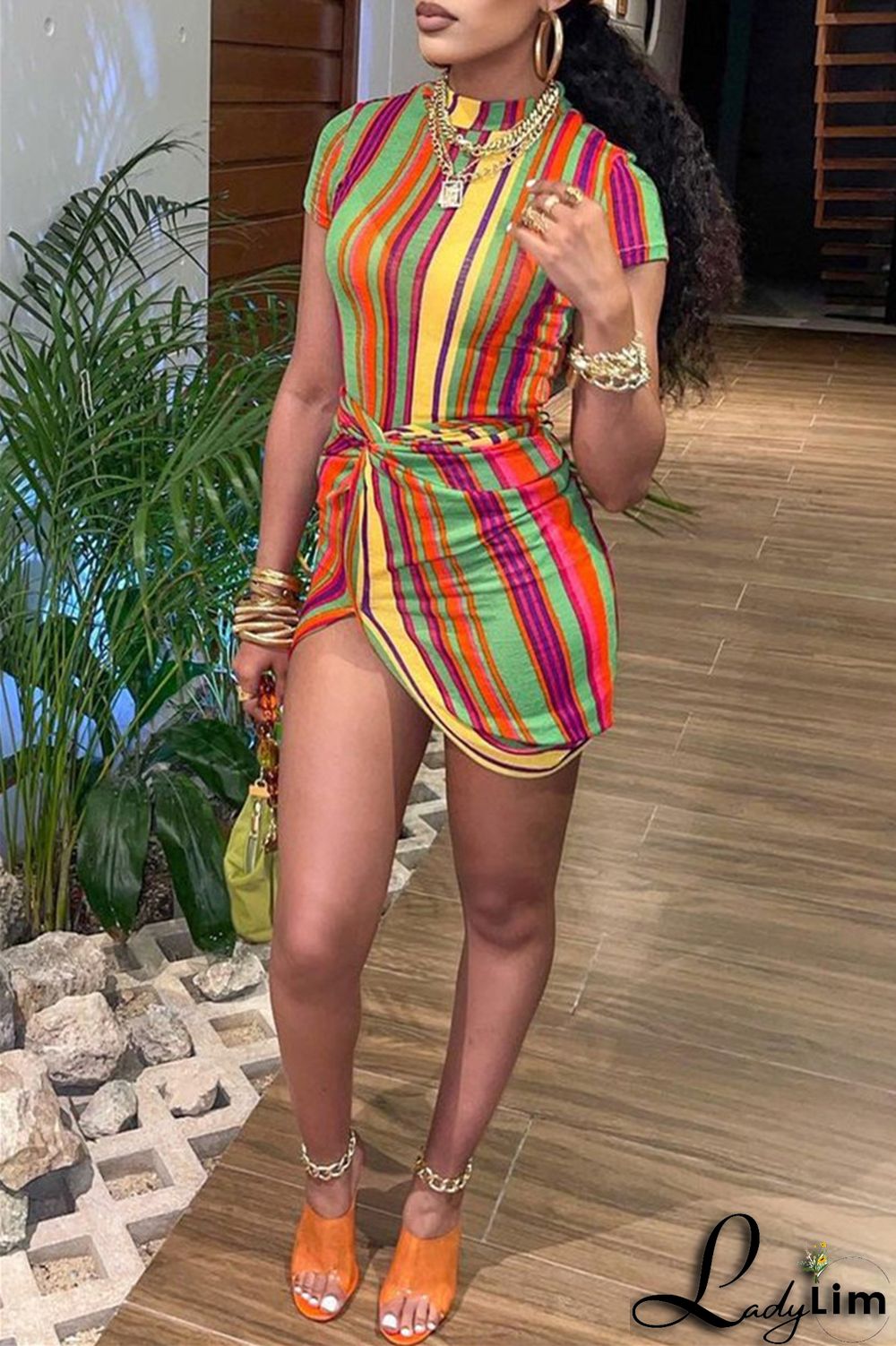 Orange Fashion Casual Striped Print Split Joint Half A Turtleneck Short Sleeve Dress