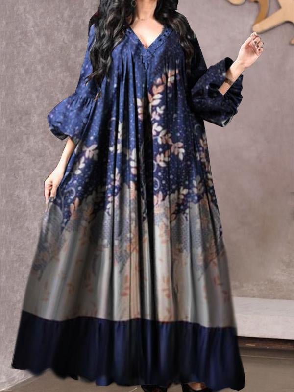 Contrast v-neck women elegant printed pleated dress