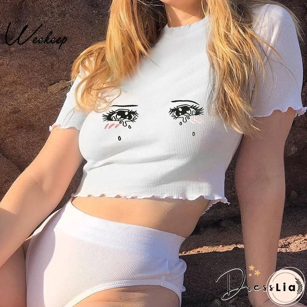 Womens White Short Sleeve Shirt Cropped Embroidery O-Neck Knitted T-Shirt