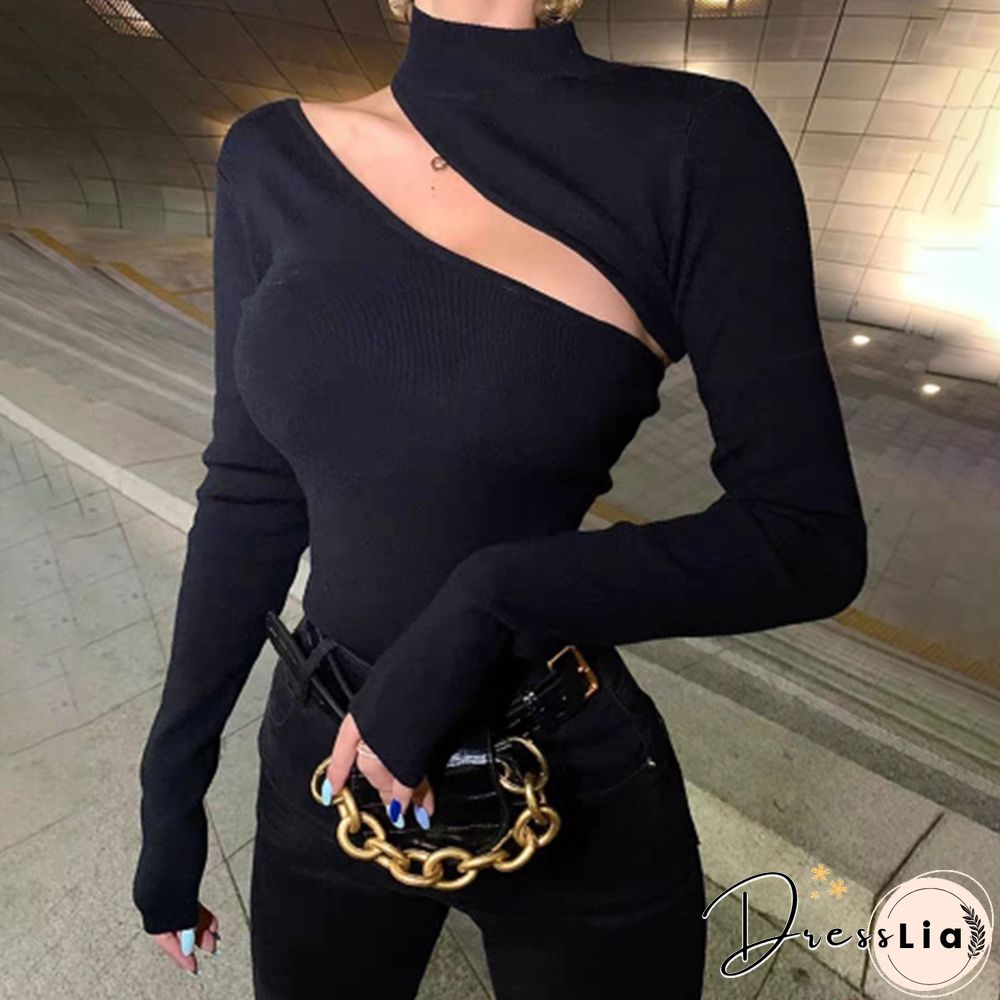 Sexy Street Style Turtleneck Hollow Knit Blouse