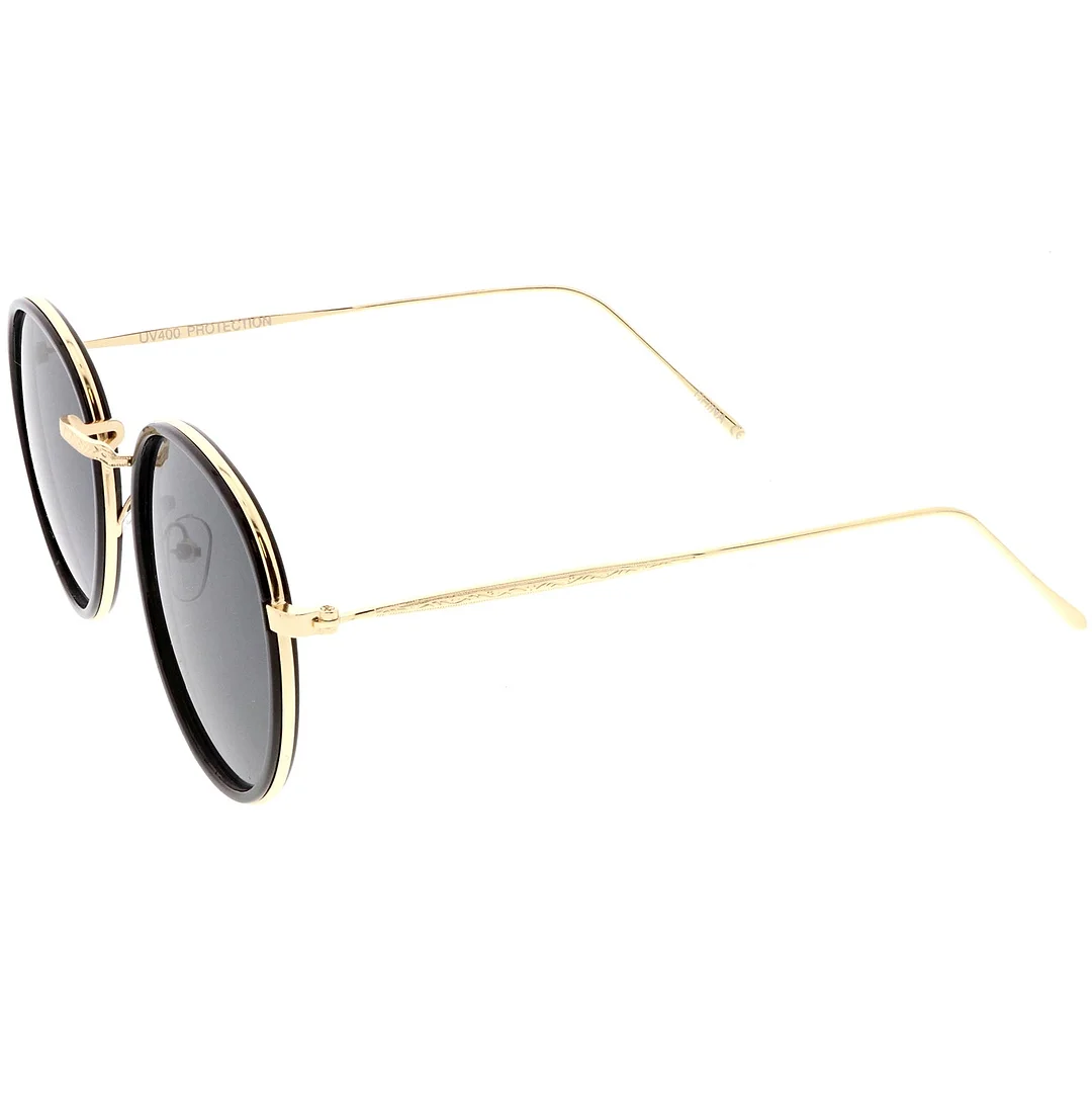 Modern Round glasses Engraved Slim Metal Arms Neutral Color Flat Lens