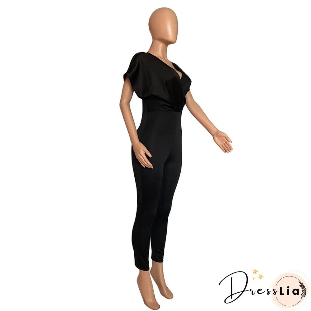 V Neck Short Sleeve High Waist Skinny Jumpsuits