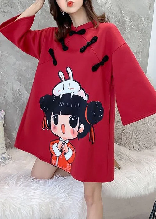 Plus Size Red Stand Collar Print Warm Fleece Mid Dress Fall