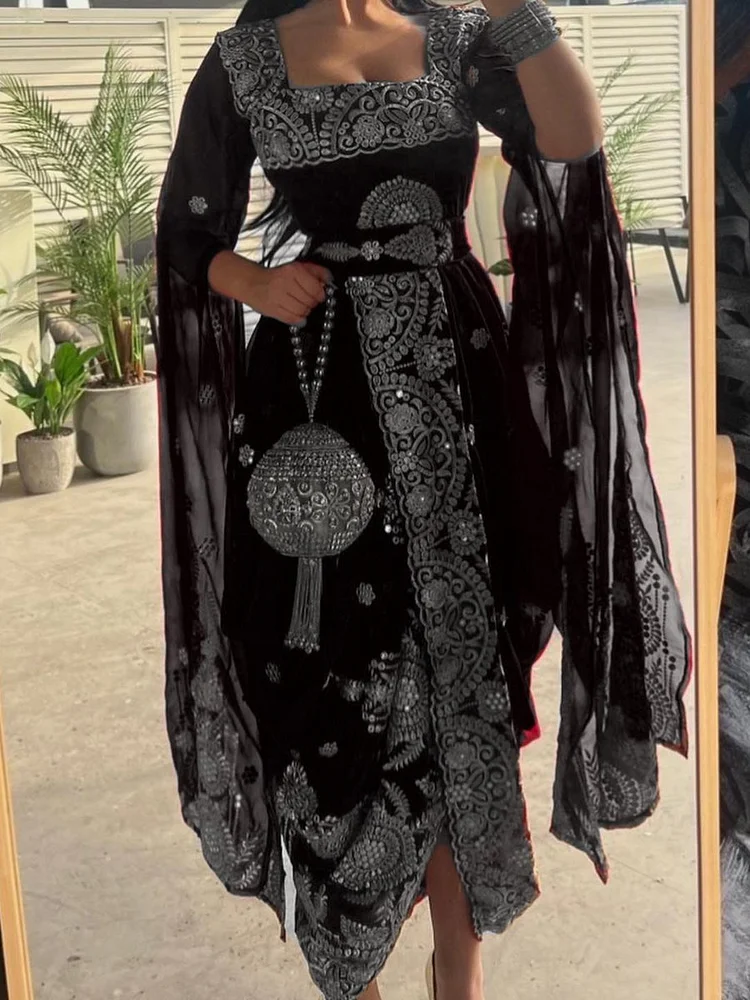 Vintage Pattern Square Neck Long Sleeve Elegant Dress