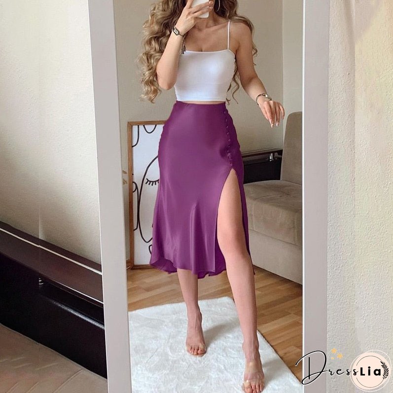 Fashion Women Two Piece Set Party Wear Solid Spaghetti Strap Cropped Top & Midi Slit Skirt Sets
