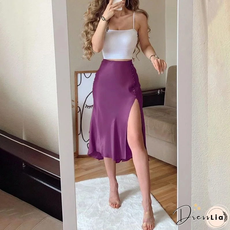 Fashion Women Two Piece Set Party Wear Solid Spaghetti Strap Cropped Top & Midi Slit Skirt Sets