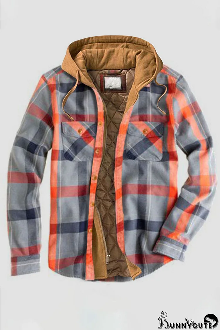 Orange Pink Casual Plaid Draw String Zipper Hooded Collar Outerwear